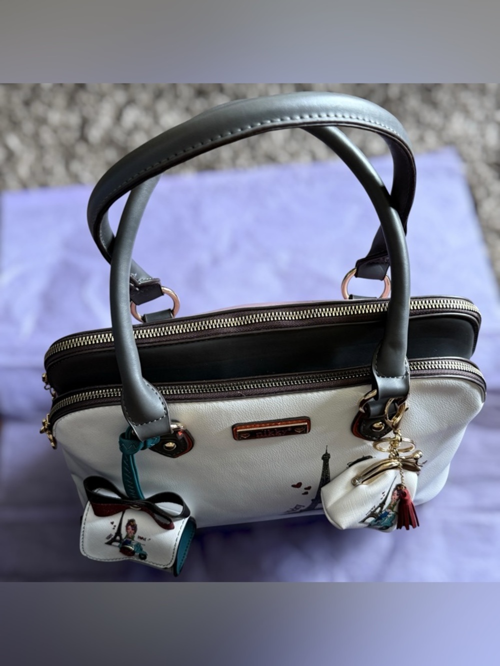 NIKKY by NICOLE LEE White Paris Illustration Satchel Bag NEW w/ Purse Charms - Picture 3 of 16
